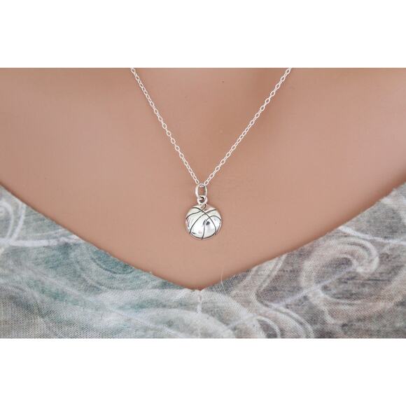 Sterling Silver Basketball Charm Necklace, Silver Basketball Pendant Necklace - Picture 2 of 4